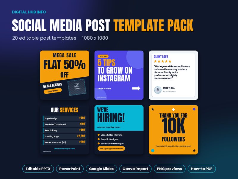 Preview of the Social Media Post Template Pack by Digital Hub Info