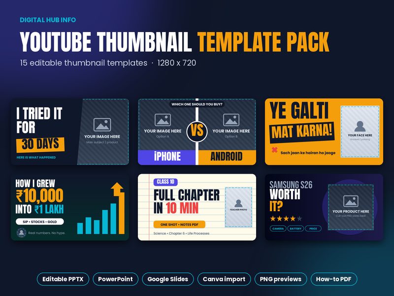 Preview of the YouTube Thumbnail Template Pack by Digital Hub Info